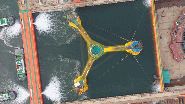 全球（qiú）首座“雙百”海上（shàng）風電平台管樁鋼（gāng）全部湘鋼造